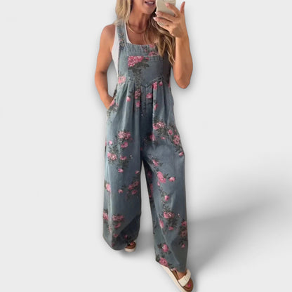 Bethany - Floral Pattern Wide Denim Overalls