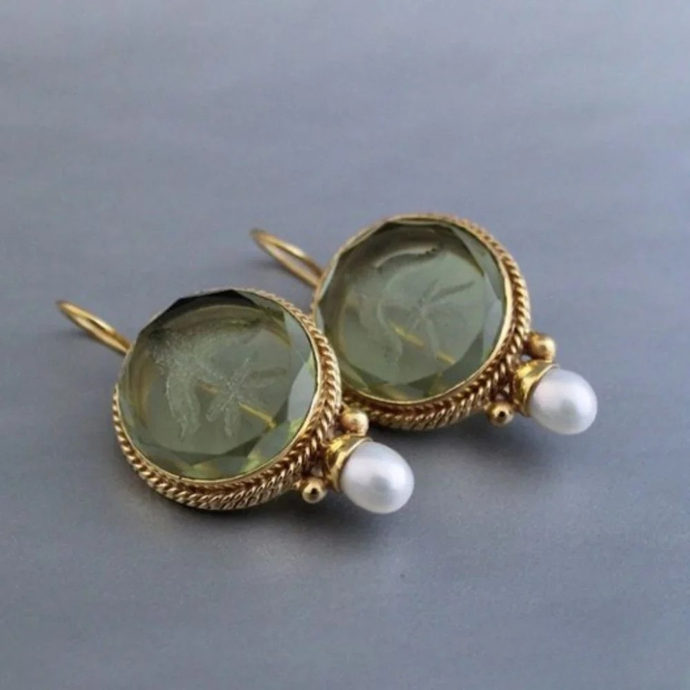 Vintage Round Green Stone Earrings