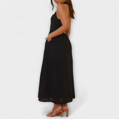 Lydia - Mid-Length Black Halter Dress with Waist Detail