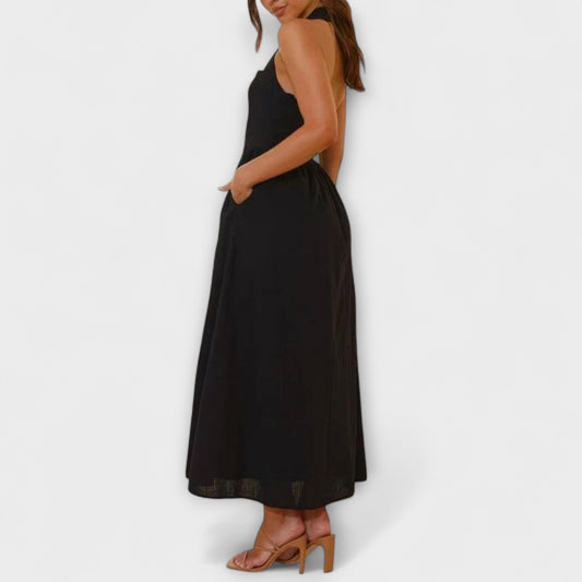 Lydia - Mid-Length Black Halter Dress with Waist Detail