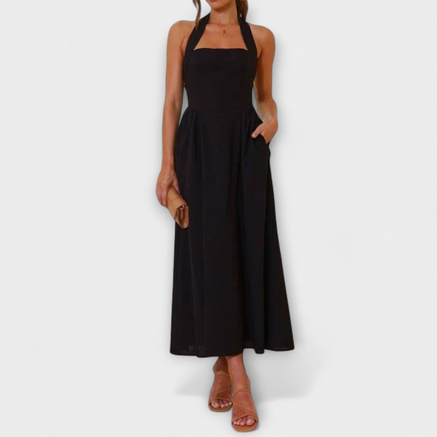 Lydia - Mid-Length Black Halter Dress with Waist Detail