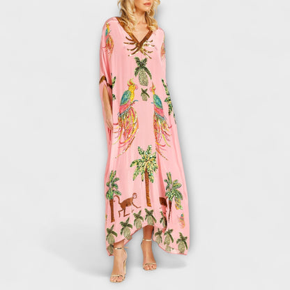 Linda - Eye-catching dress with off-shoulder design and coconut tree print